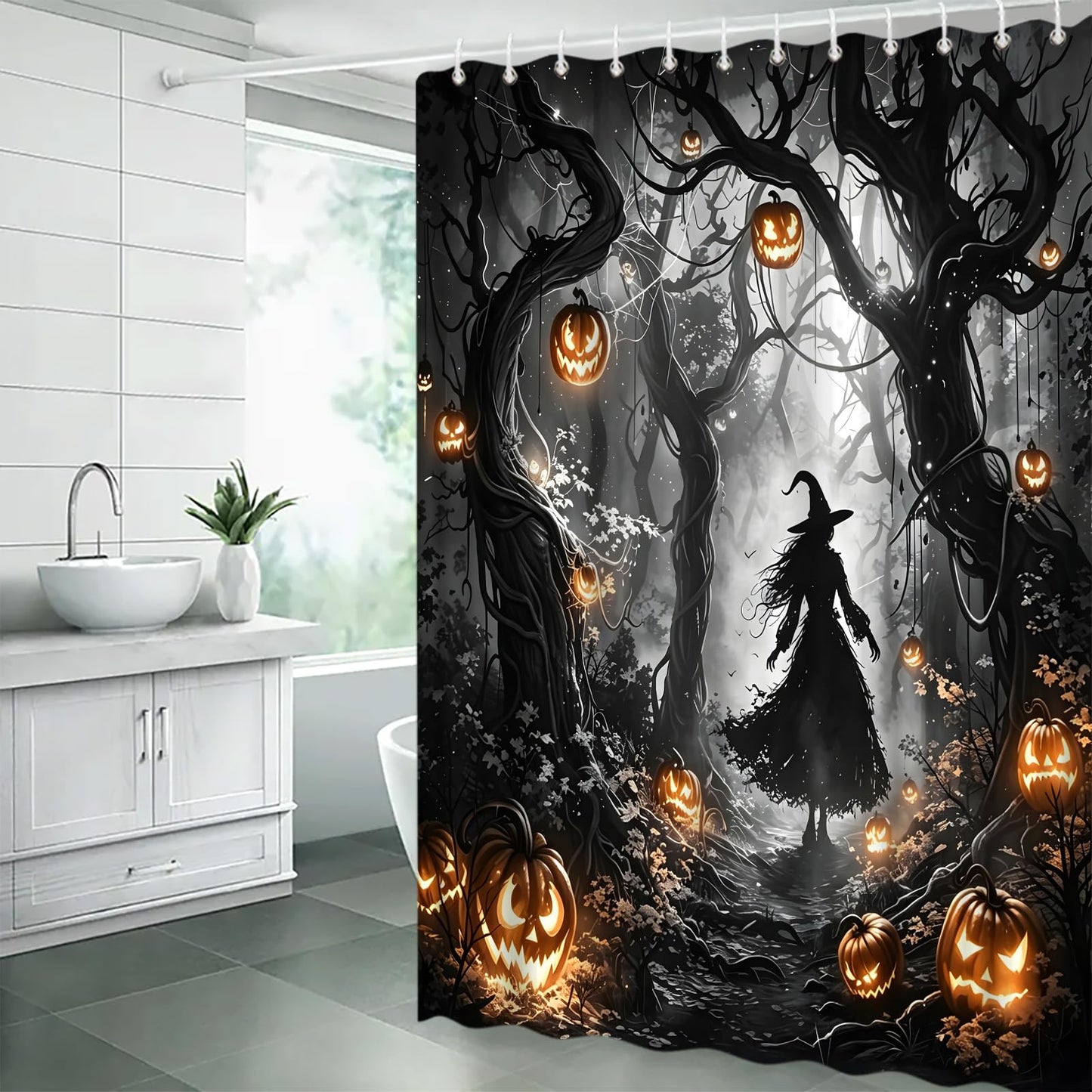 DSMEUE Halloween Witch Shower Curtain,Spooky Haunted Forest with Pumpkin Decor for Bathroom,Dark Gothic Black Orange Fabric Curtain with Hooks,70x70 Inch