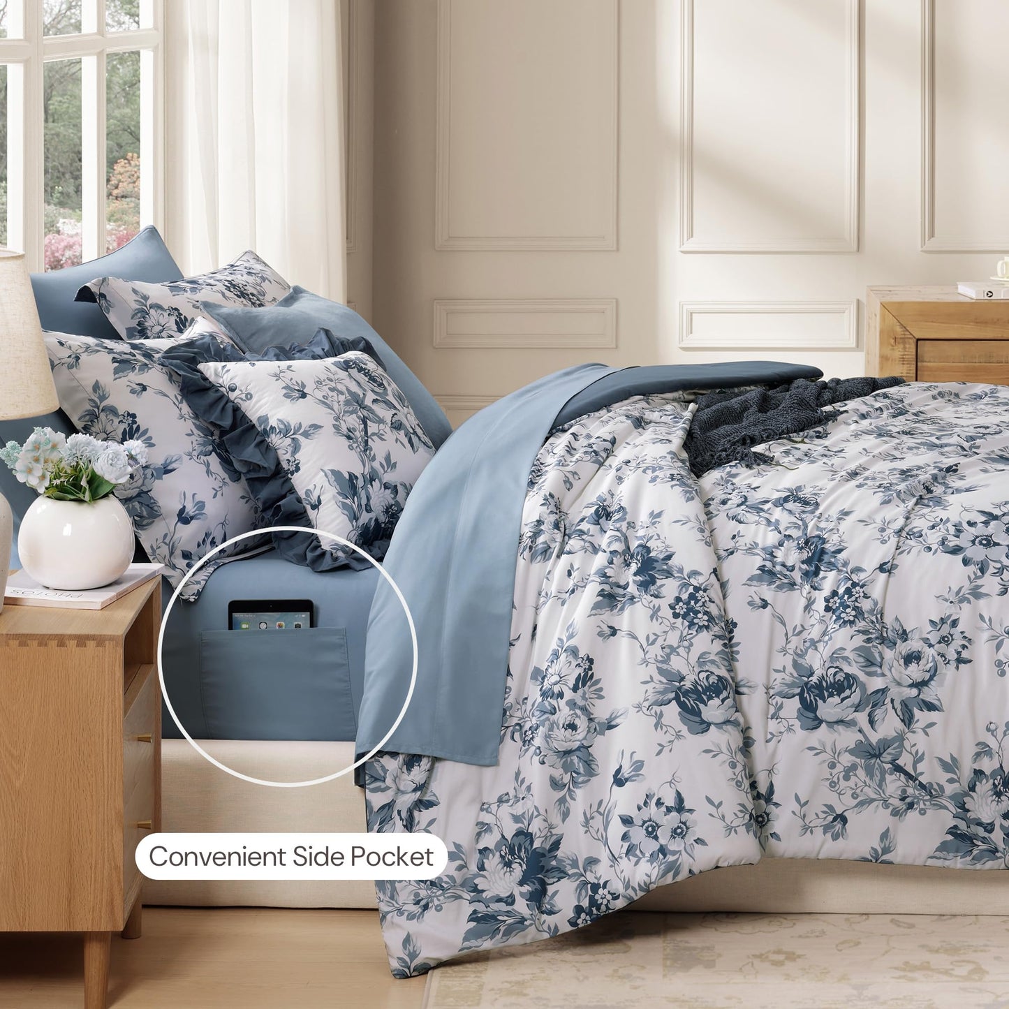 BLOOMHAVEN Queen Comforter Set -7 Pieces Floral Blue Comforter Set for All Seasons, Bed in a Bag Queen with Botanical Flowers Comforter, Sheets, Pillowcases & Shams