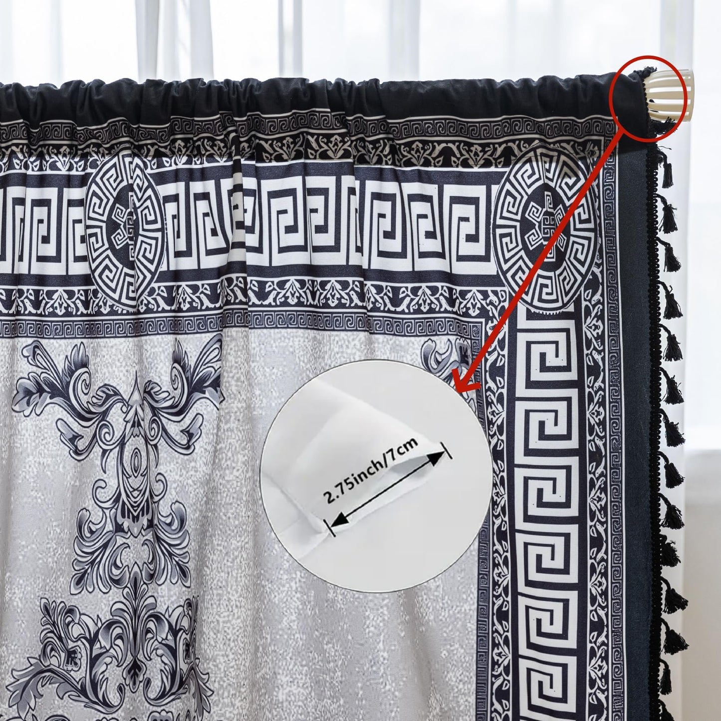 Erbnaryx Black Medallion Curtains 72 Inches Long, Boho Farmhouse Light Filtering Rod Pocket Drapes with Tassel Trim for Bedroom Living Room, 2 Panels