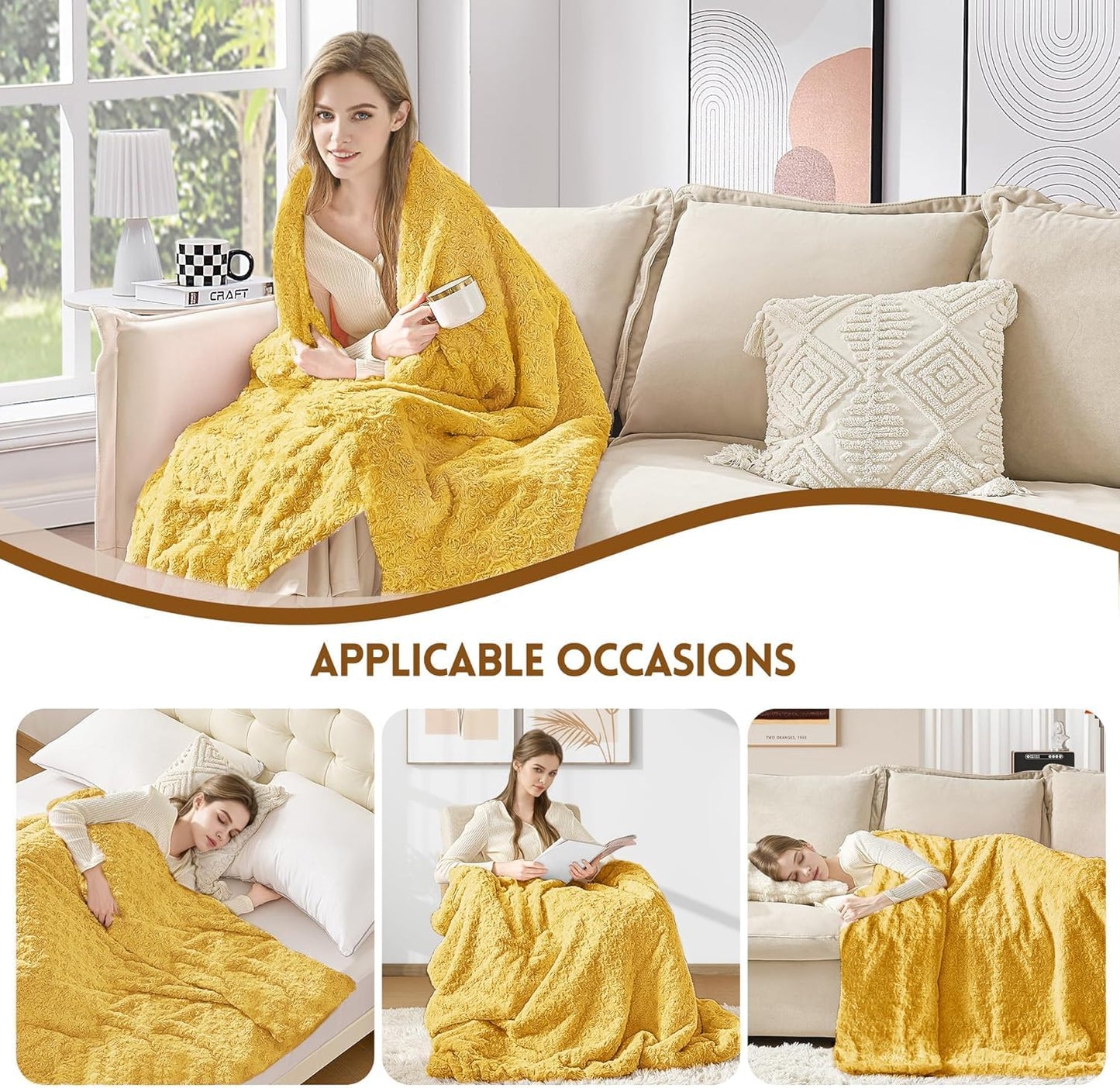 VFROO Double-Sided Faux Fur Throw Blanket, Fuzzy Soft Plush Thick Warm Fluffy Shaggy Fuzzy Blanket for Couch, Sofa, Bedroom, Luxury Blanket Valentines Day Gifts for Her, Yellow, 50"x60"