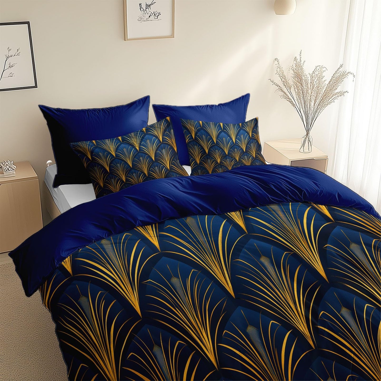 Art Deco Style Retro Leaves Microfiber Duvet Cover Set, Decorative 3 Piece Bedding Set with 2 Pillow Shams, (90 x 90 in) Queen Comforter Quilt Cover for Room Decor, Blue