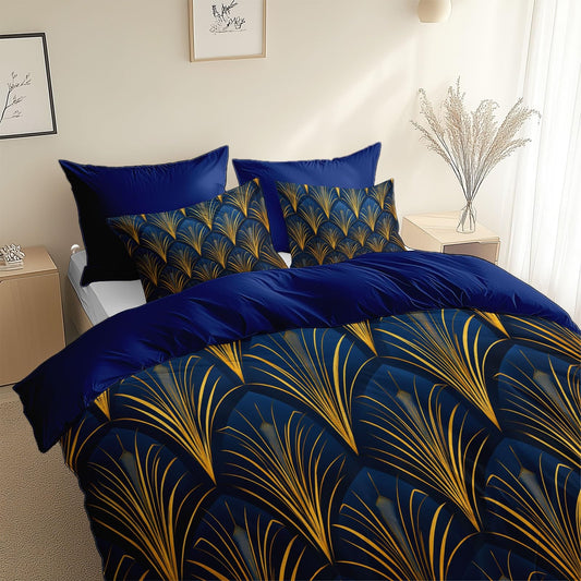 Art Deco Style Retro Leaves Microfiber Duvet Cover Set, Decorative 3 Piece Bedding Set with 2 Pillow Shams, (90 x 90 in) Queen Comforter Quilt Cover for Room Decor, Blue