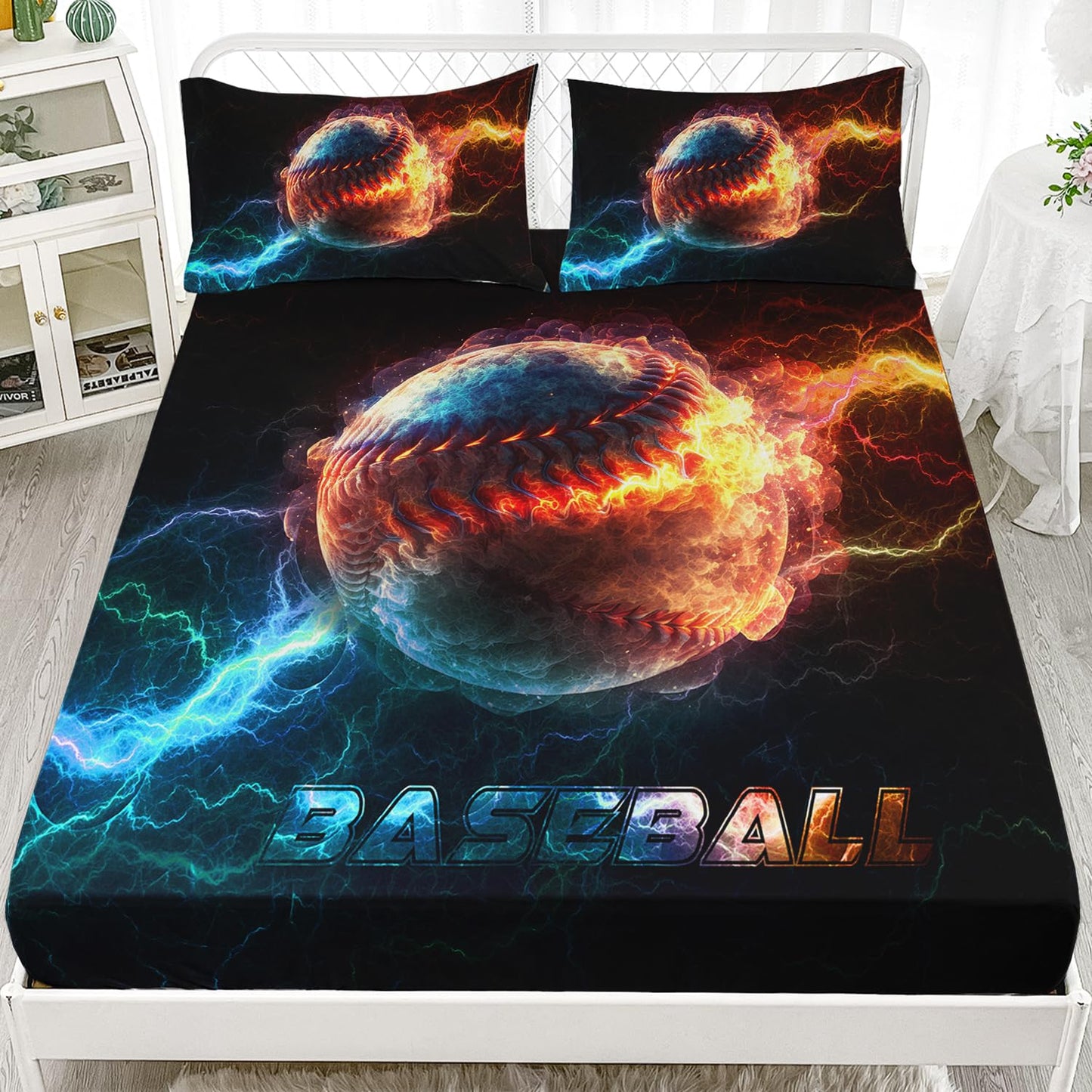 HOSIMA Baseball Fitted Sheet for Boys Girls Teens,Flame Lightning Twin Bedding Sets Sports Themed Bedroom Decor,Soft Microfiber Black Fitted Sheet with 2 Pillowcases.