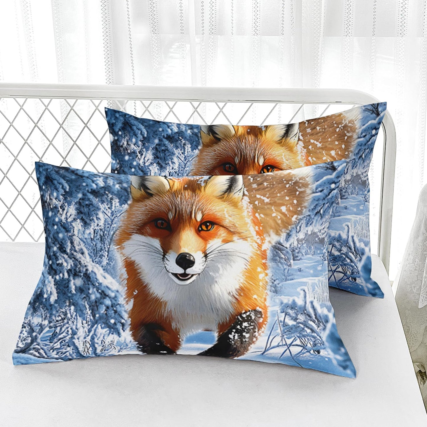 AILONEN Kawaii Fox Fitted Sheet Set Twin Size,Red Snow Fox Bed Sheet Set,Kids Winter Forest Animal Printed Soft Fitted Sheet + 2 Pillowcases,3Pcs
