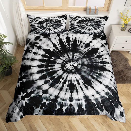 Tie-Dye Duvet Cover Swirl Hippy Vintage Bedding Set Adult Women Black Abstract Hippie Theme Comforter Cover For Girls Boys Teens Boho Swirl Tie-Dye Decor Soft Microfiber Bedspread, King Size