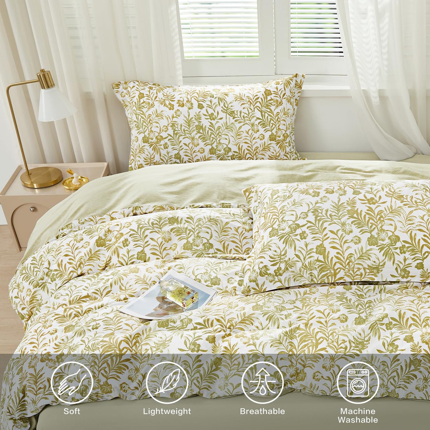 SAPHREAS Full Size Yellow Leaves Pattern Duvet Cover Set 3pcs 100% Cotton Soft Leaf Bedding Comforter Cover Set 1 Duvet Cover 2 Pillow Shams, Comforter Not Included