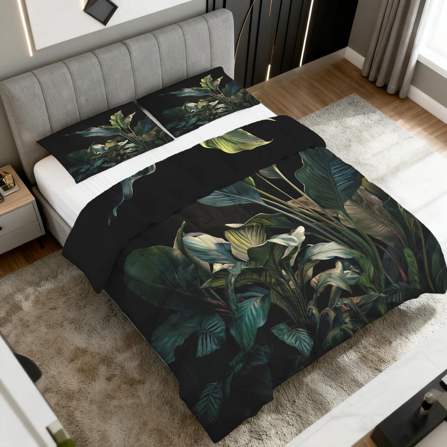 Tropical Leaves Comforter Set King Size 3Pc, Botanical Palm Leaf Pattern Down Alternative Bed Comforter, 2 Pillow Shams, Soft All Season Bedding, Tropical Leaves Bedroom Decor AF2445