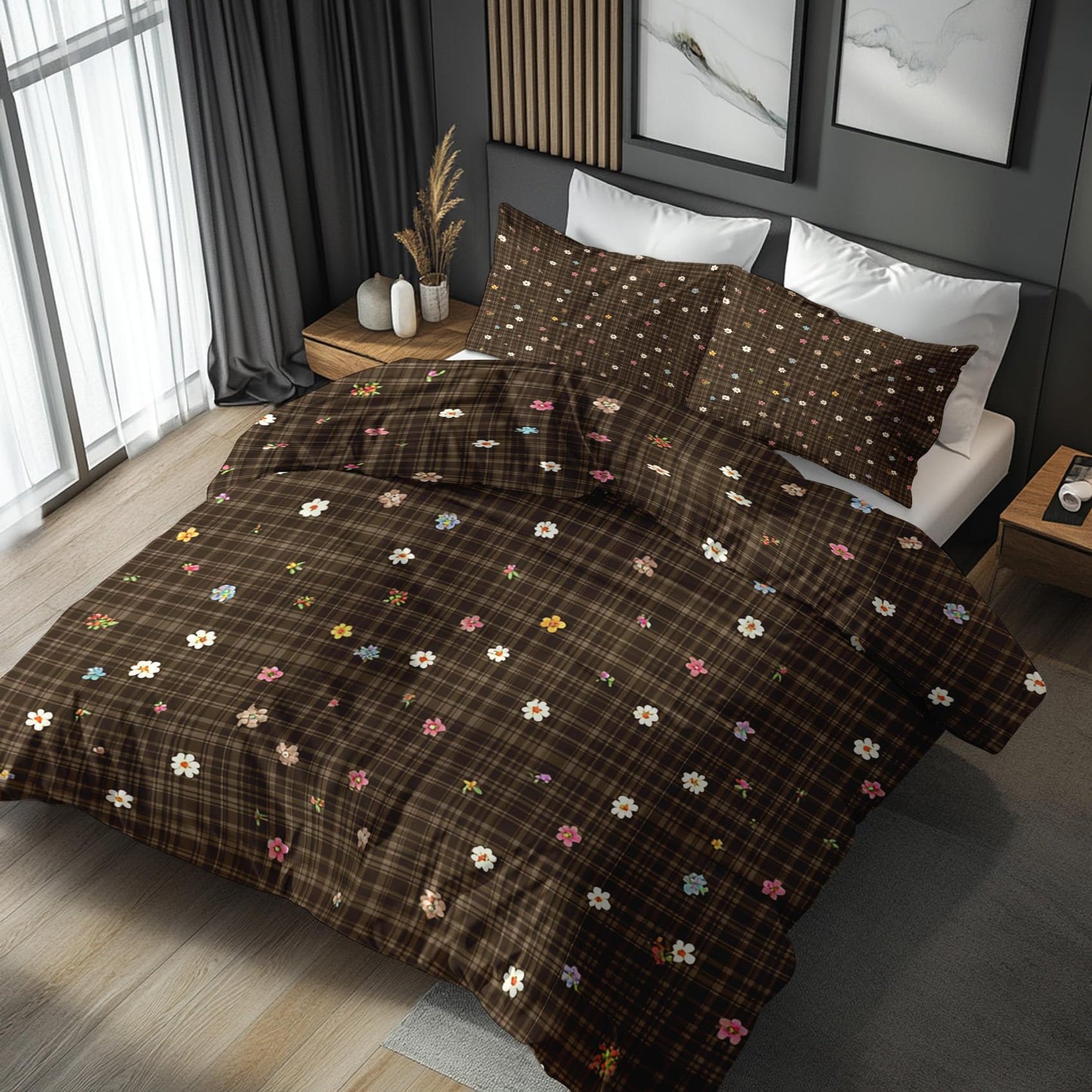 Farmhouse Floral King Size Duvet Cover Set 3 Piece, Brown Plaid Flower Reversible Bedding with 2 Pillow Shams, Zipper & Ties, Ultra Soft Microfiber, Floral Bedroom Decorations 41A-I