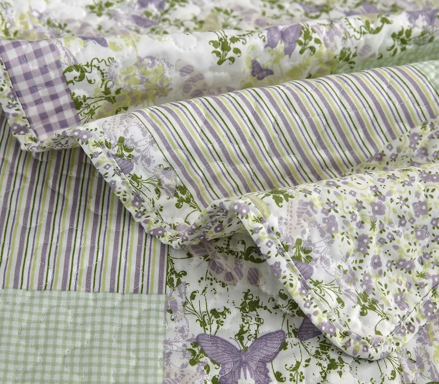 Chezmoi Collection Daisy 3-Piece Printed Patchwork Quilt Set - Purple Butterfly Botanical Candy Stripe Checkered Coverlet - Pre-Washed Microfiber Lightweight Reversible Bedspread, Full Size