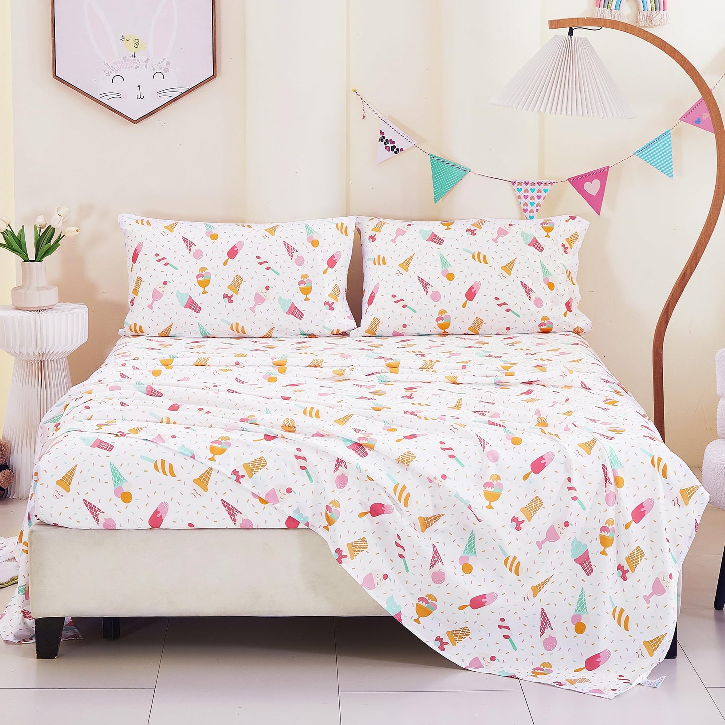 CozySmile Full Sheet Set Kids,4 Pieces Breathable Soft Microfiber Bedsheets for Child Girls, Oeko-TEX, Anti Pilling Deep Pockets Easy Care Bed Sheets, Ice crea