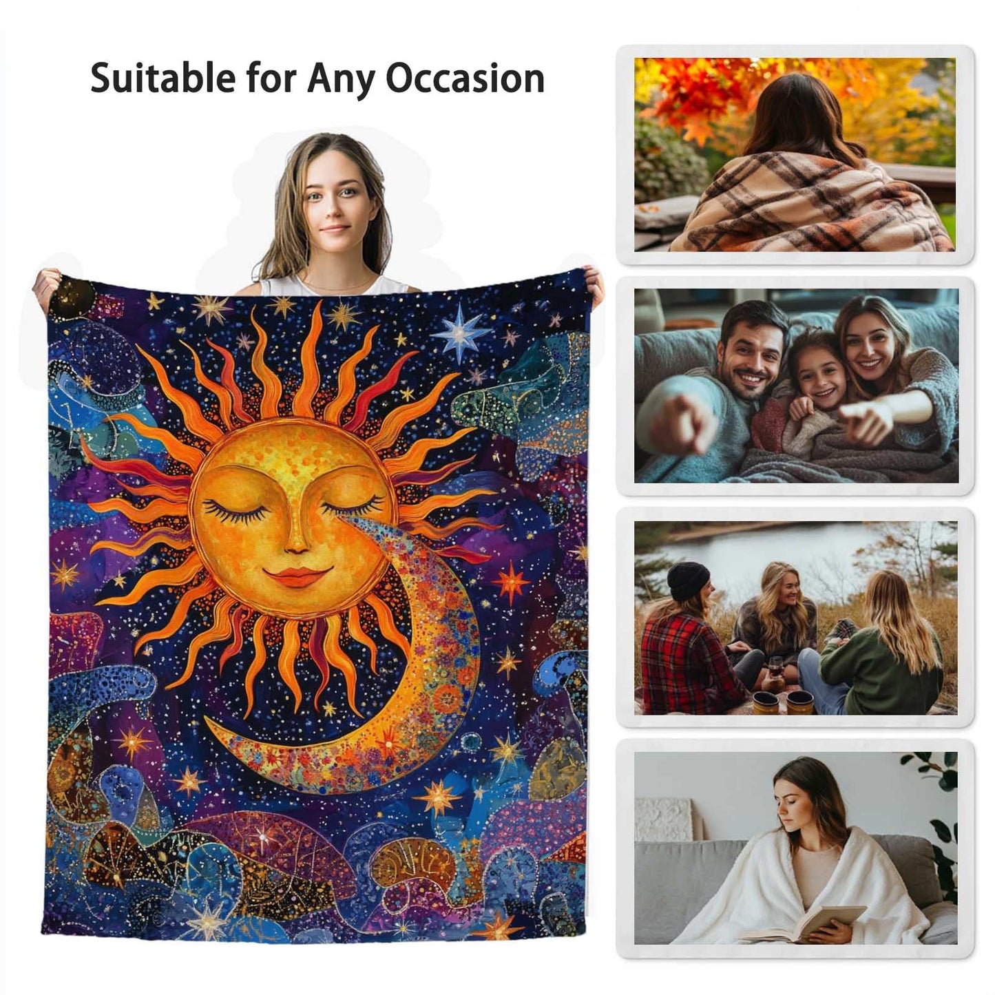 ZwenPdoe Sun and Moon Blanket Throw, Plush Blanket Gift for Adults, Hippie Witchy Lightweight Soft Fleece for Bedrooms, Meditation, and Decor, 40x50 Inches