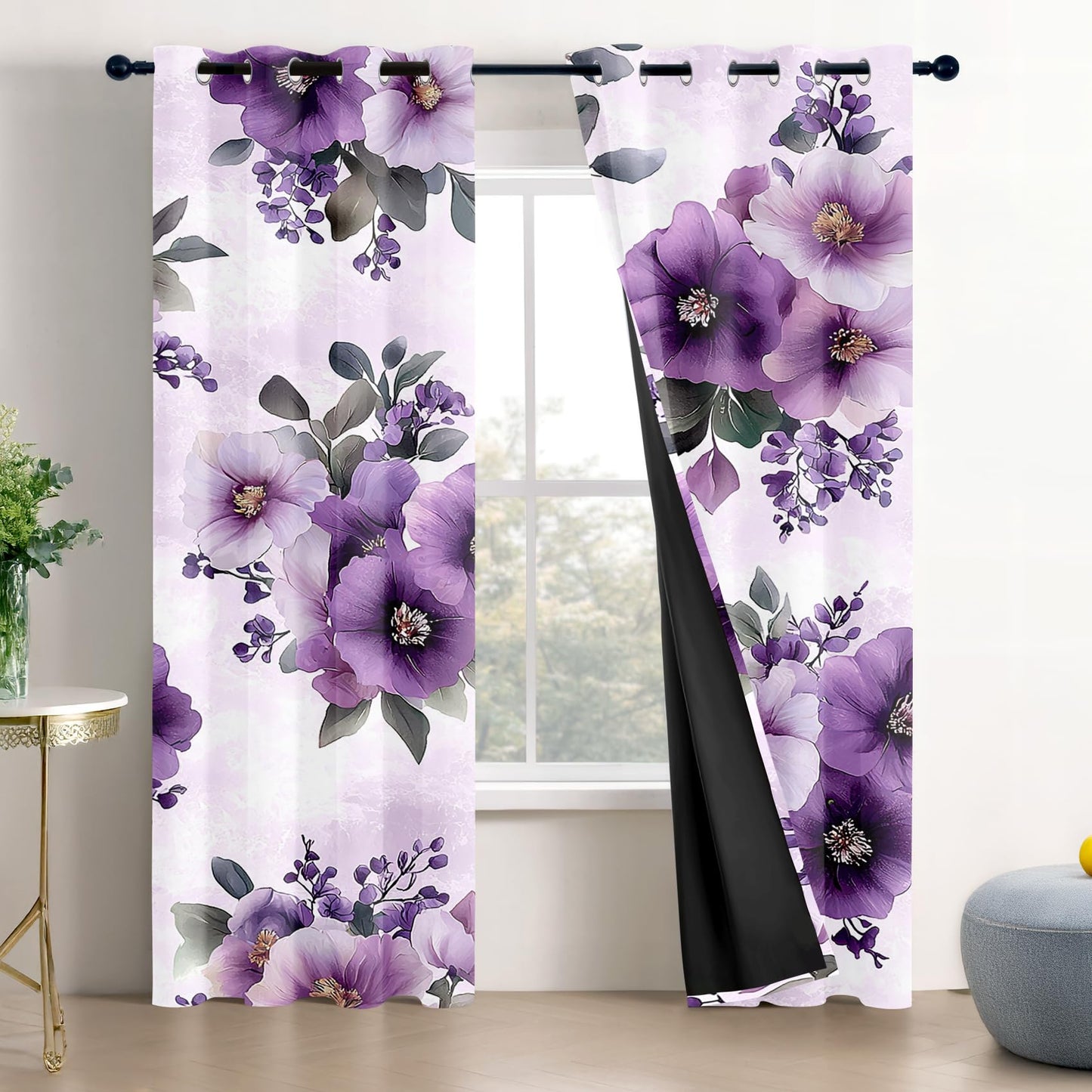 Solvivae Floral Curtains 54 Inch Length, Purple Floral Flowers Botanical Blackout Curtains for Bedroom Living Room, Room Darkening Thermal Insulated Grommet Drapes, Patterned Window Treatments