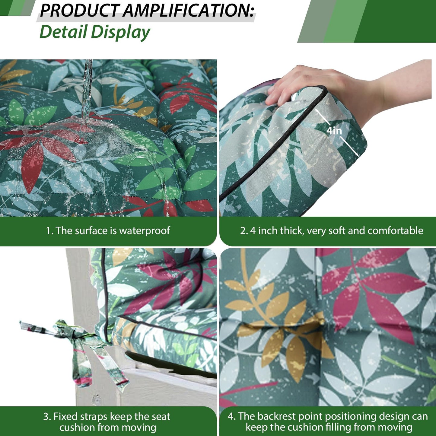YQNUCO Outdoor Swing Cushions, Waterproof Porch Swing Cushions 3 Seater Replacement with Backrest, 4" Thicken Bench Cushion with Ties for Backyard, Patio, Lawn and Garden (Green Flowers, 55 inch)