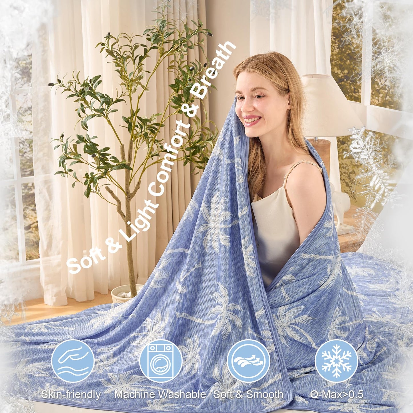 OMERAI Cooling Blanket for Hot Sleepers & Hot Flashes, Queen Size Lightweight Cooling Summer Throw Blanket，Double-Sided Cooling Effect, Breathable & Soft Summer Throw Blanket for Bed, 90"x90" (Blue)