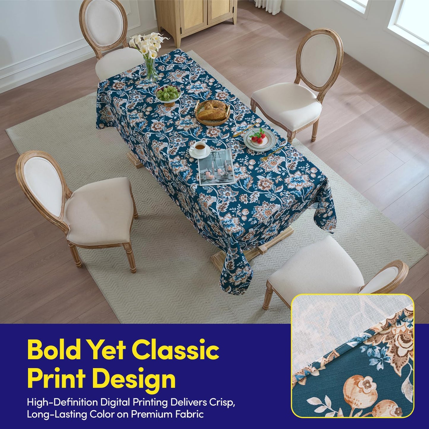 Rectangle Tablecloth 60" x 84" 100% Waterproof Fabric — Wipe-Clean, Tear-Proof Decorative Table Cover for Indoor & Outdoor Dining Elegant Patterns for Kitchens, Dining Rooms, Jacobean