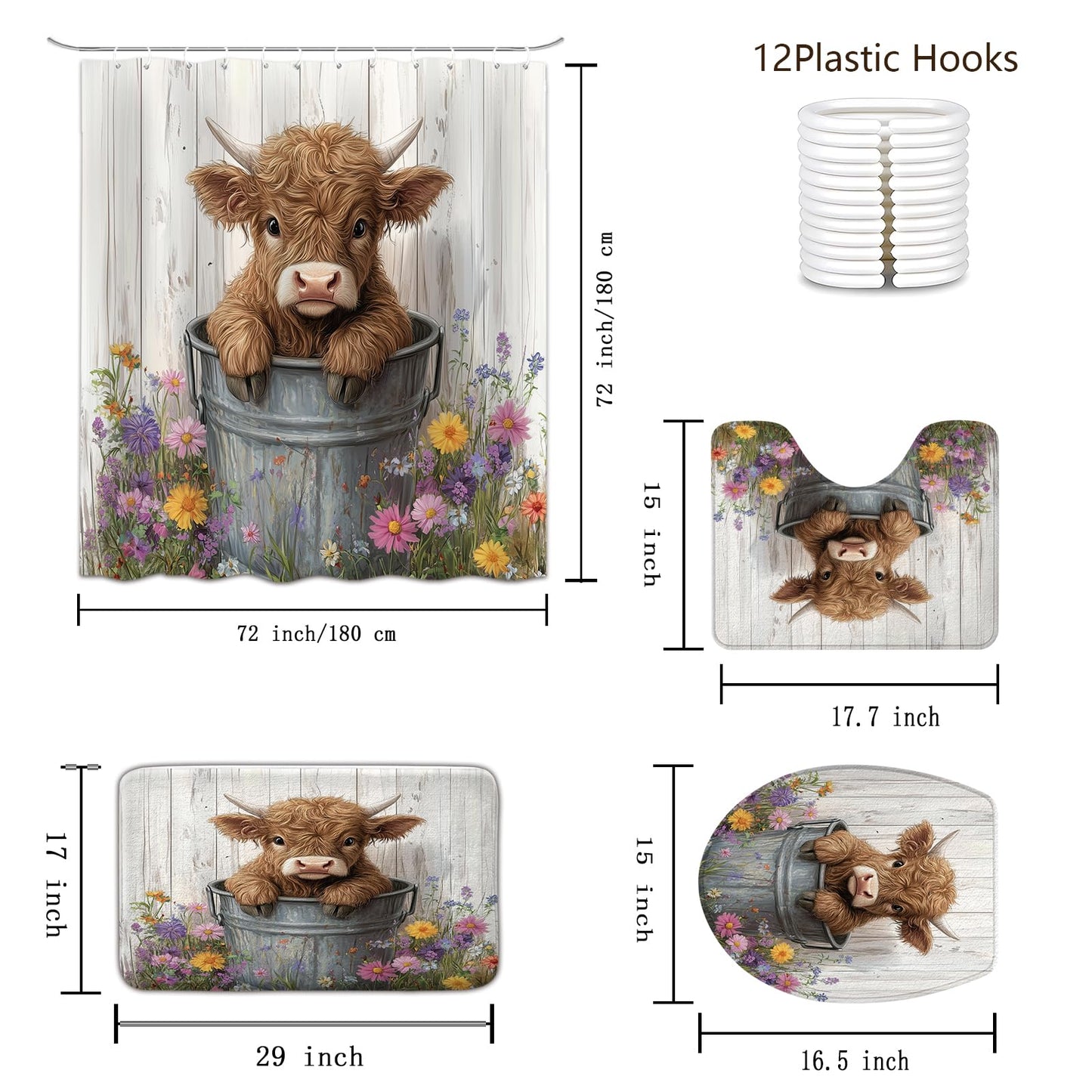 Sokdcam 4 Pcs Farmhouse Highland Cow Shower Curtain Sets with Rugs Wooden Bathroom Set, RusticCute Cow Floral Flowers Home Bath Bathtub Decor for Bathroom 72 x 72 Inch