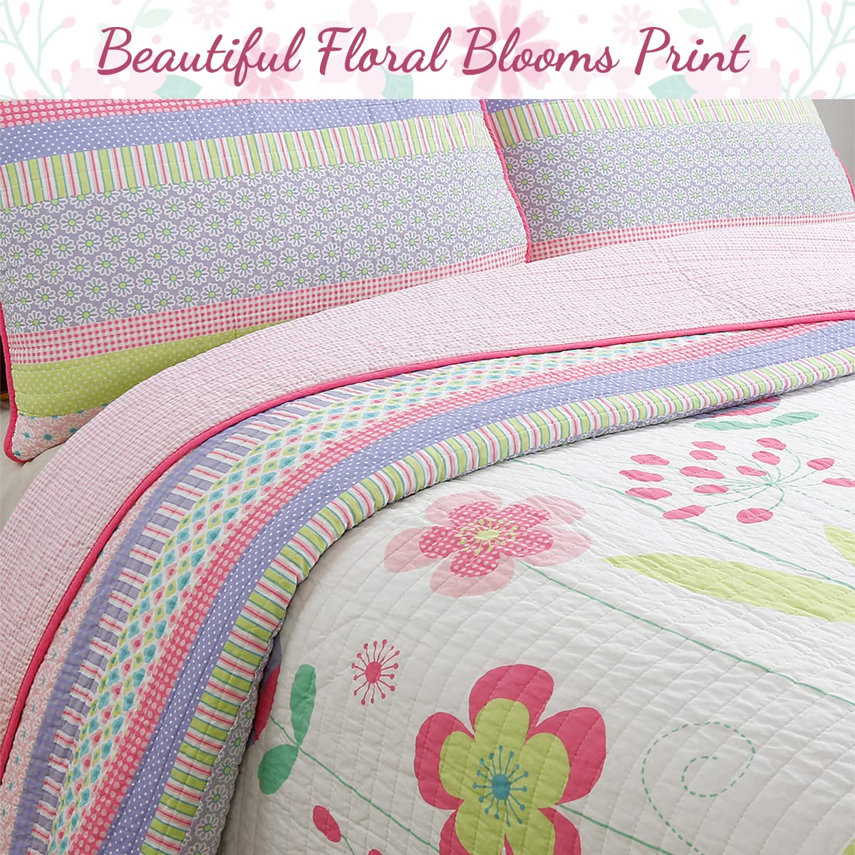 Cozy Line Home Fashions Pink Lavender Green Floral Print Girl 100% Cotton Reversible Quilt Bedding Set, Coverlet, Bedspread (Blossom, Queen - 3 Piece)
