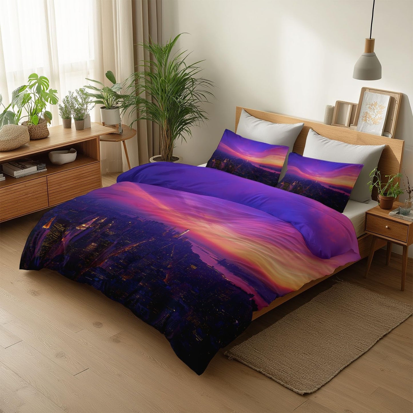 Super Soft Cityscape Duvet Cover Set Twin Size, Neon Art Skyscrapers Bedding for Kids Boys Girls Teens - Breathable and Anti-Allergic Soft Comforter Cover 2 Pillow Shams