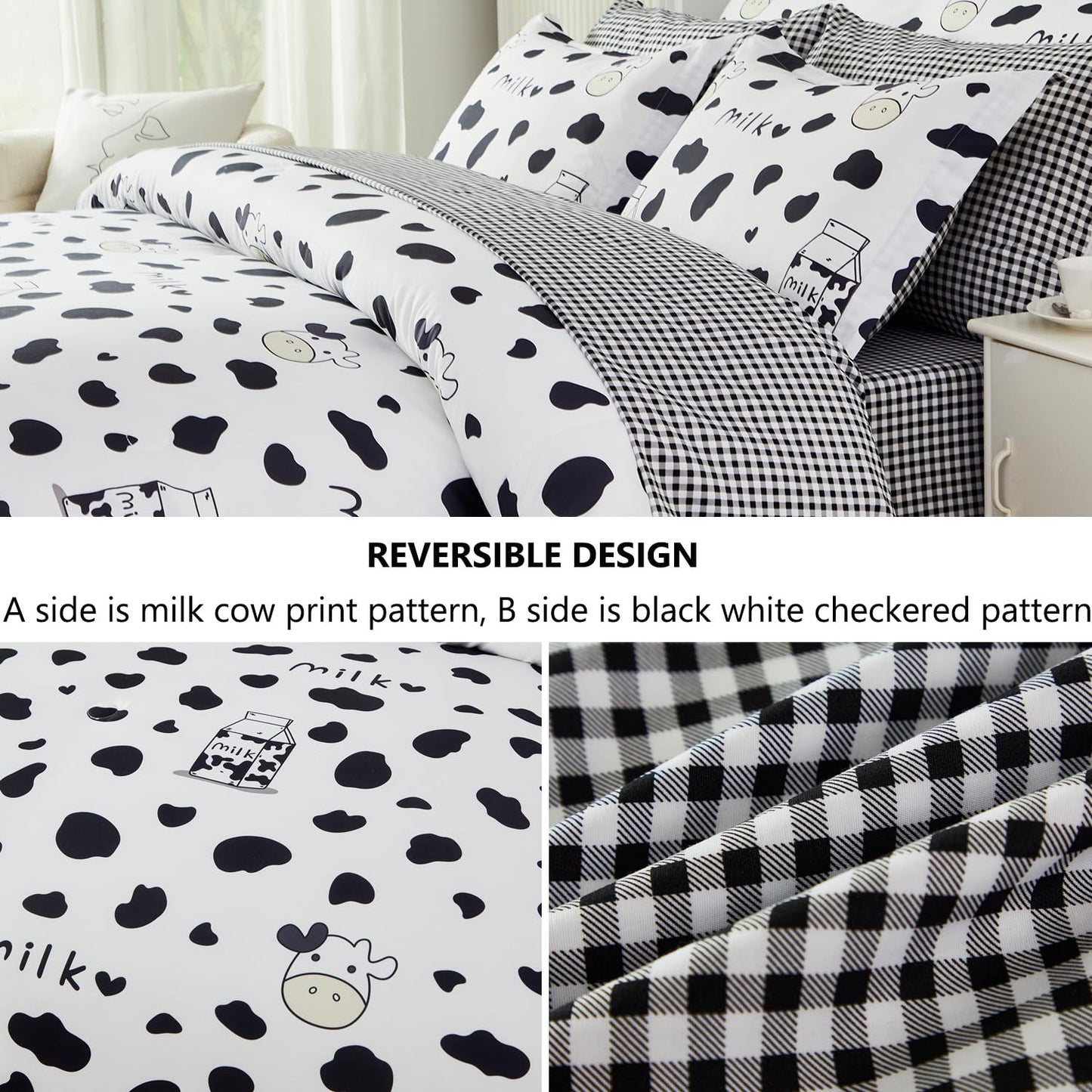 SUCSES Full Size Comforter Set with Sheets 8 Piece Cow Print Bedding Set for Boys Girls Black and White Kids Bed-in-A-Bag Farmhouse Rustic Bed Set for Bedroom (Milk Cow, Full)