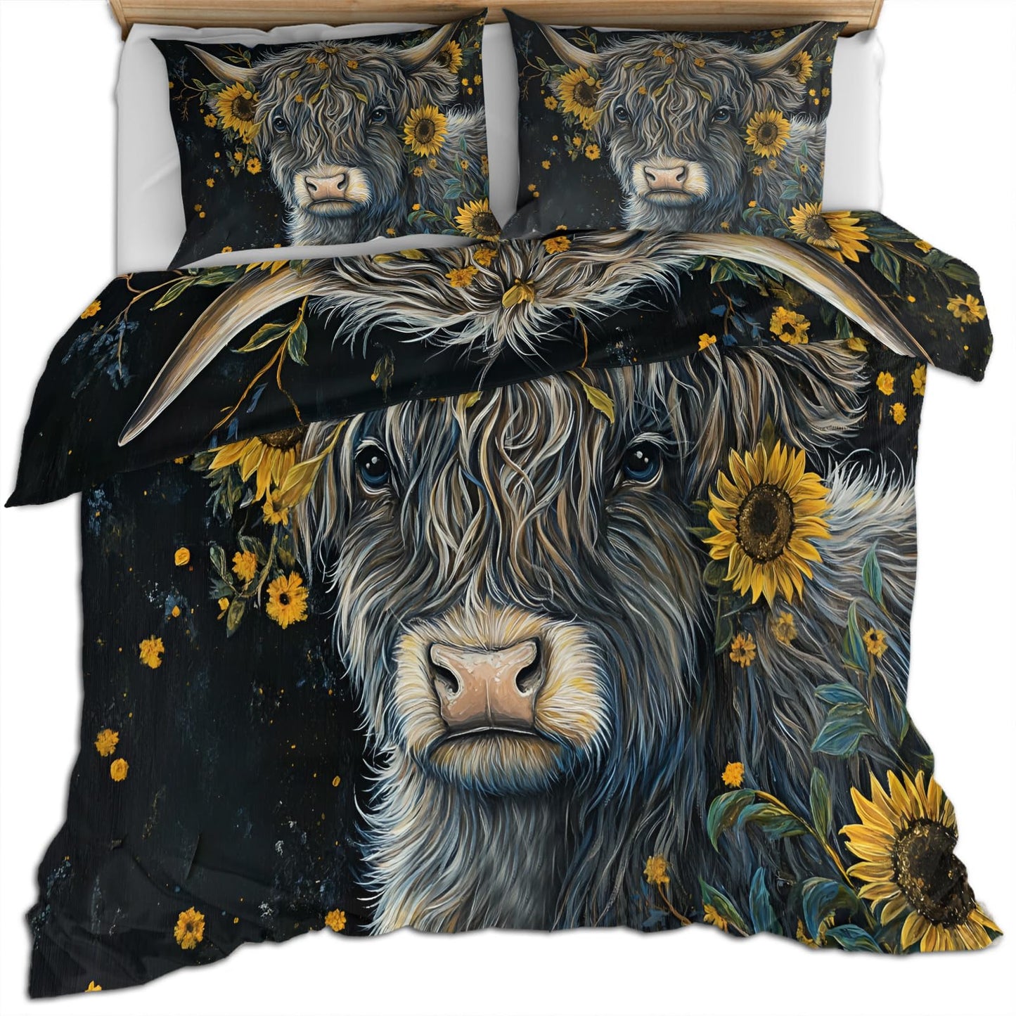 PAISUOQ Cow Print Bedding, Rustic Sunflower Duvet Cover Full, Farmhouse Cow Comforter Cover with Zipper Ties, 3 Pieces with 2 Pillowcases, Home Decor & Gifts