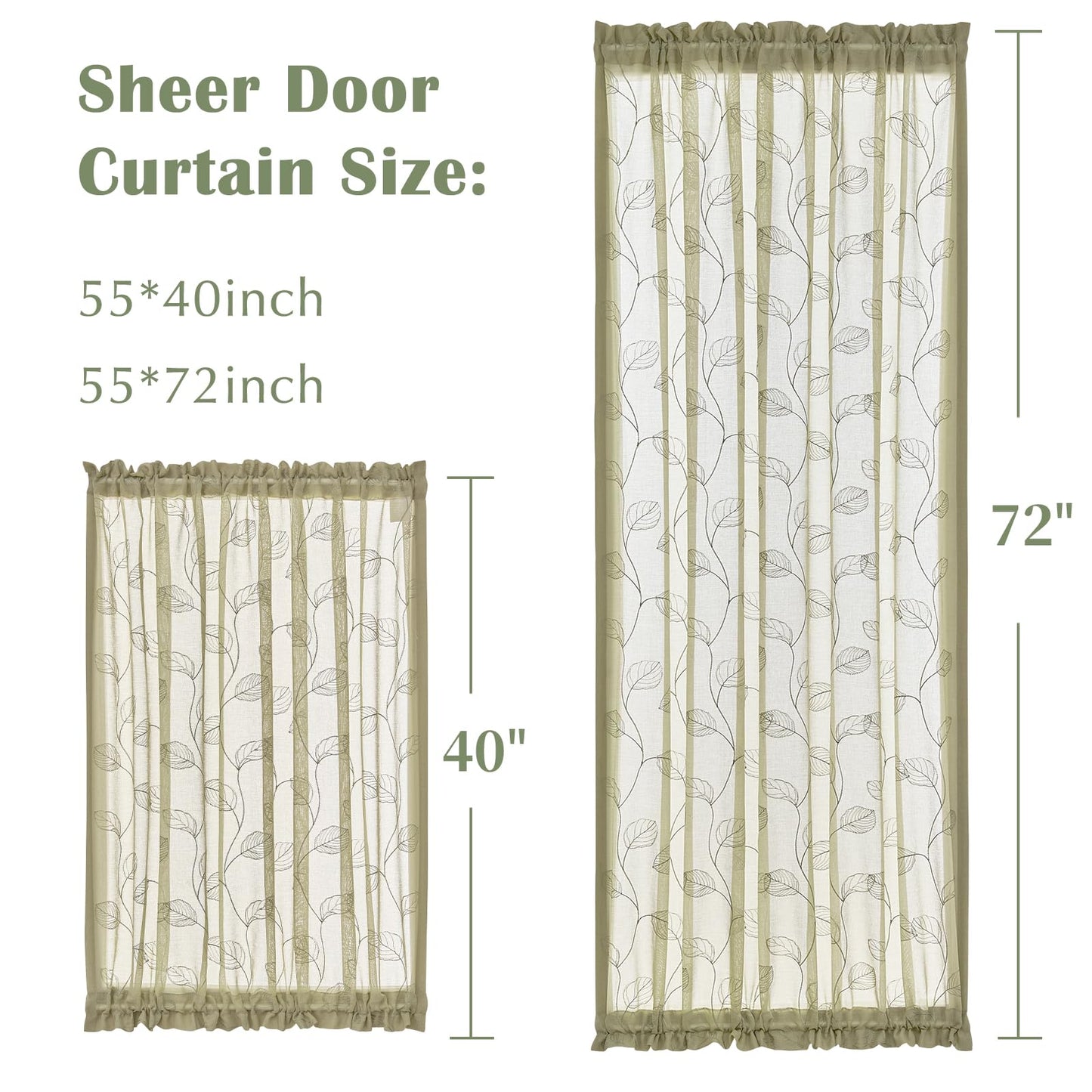 jinchan French Door Curtain Privacy Rustic Leaf Embroidered Semi Sheer Voile Front Curtain for Window Doorway Closet, Door Panel with Tieback Rod Pocket 1 Panel 55W x 40L Inch Sage Green