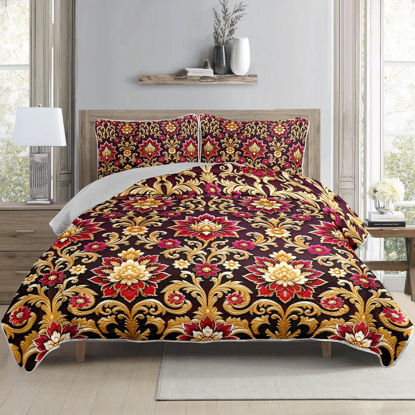 AILONEN Luxury Gold Floral Quilt Set - Elegant Flower King Bedspread Coverlet with 2 Pillowcases Room Decor for Adults & Bedroom