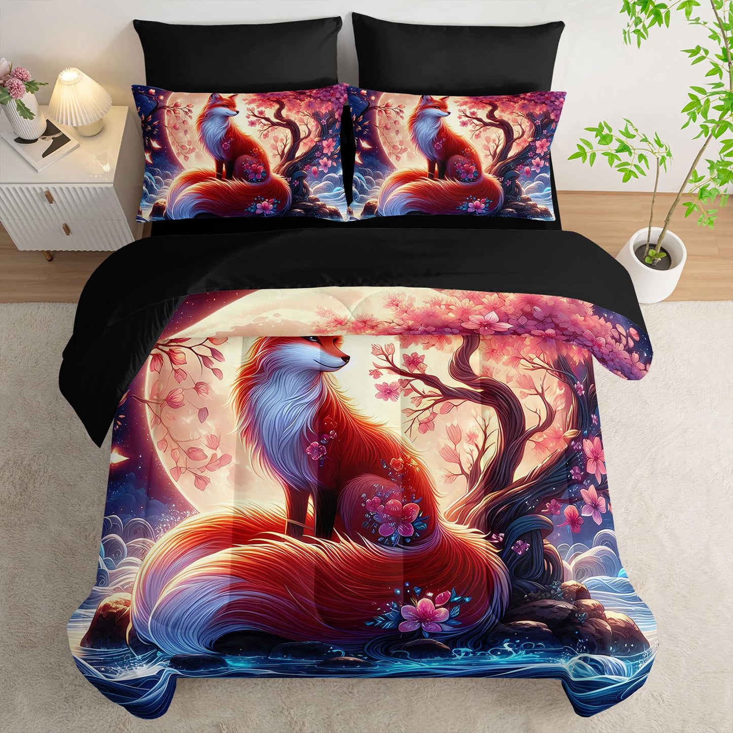 Nttopship Fox Comforter Set Twin Size 7PCS, Cartoon Fox Sakura Bedding Set 7 Piece in A Bag,Bed Sheet Set Wildlife Bedroom Decor,Microfiber Lightweight All Season