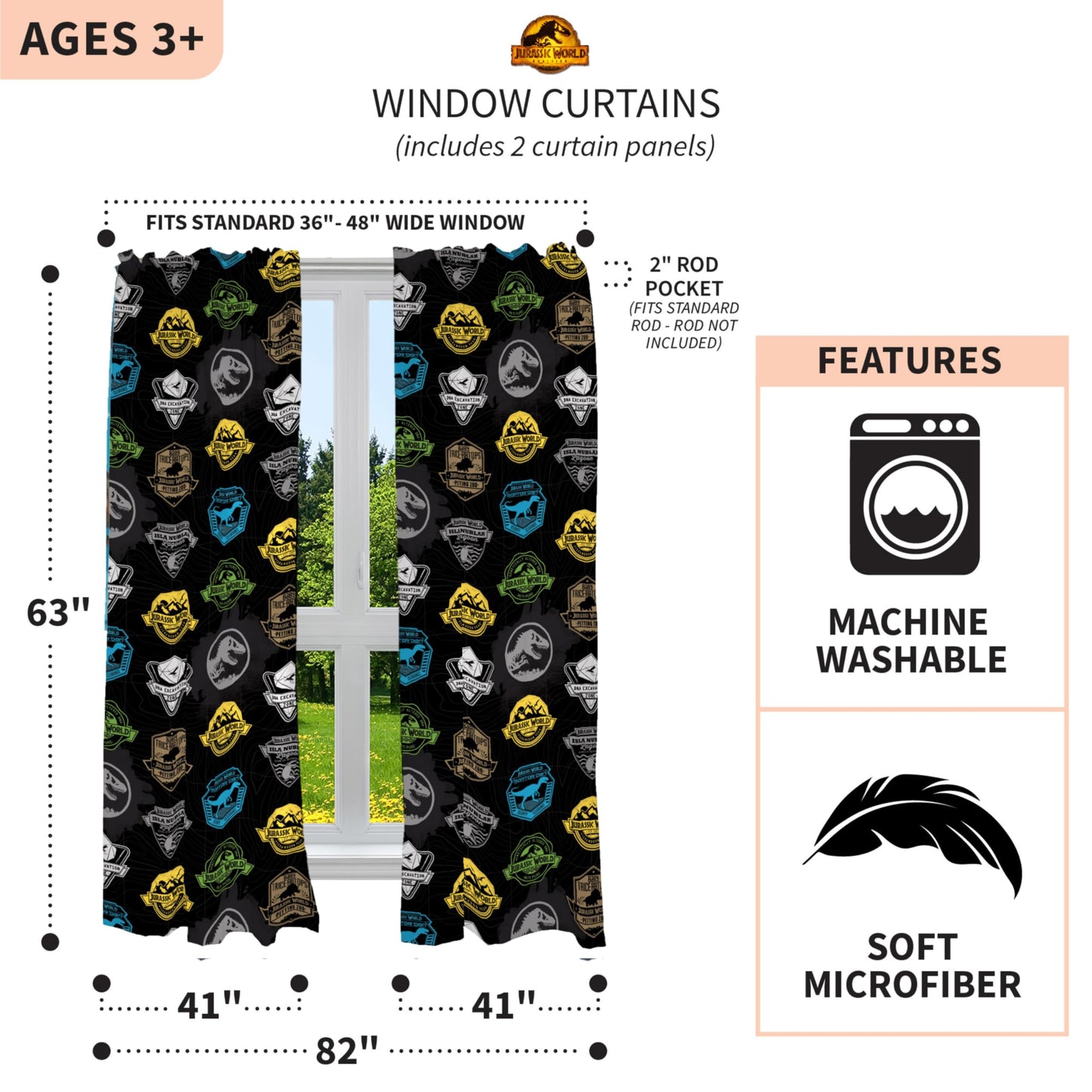 Franco Kids Room Window Curtains Drapes Set, 82 in x 63 in, Jurassic World