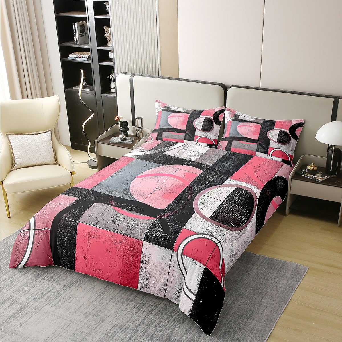 jejeloiu Pink Coal Black Circle Duvet Cover 100% Cotton King Size Kids Abstract Geometric Comforter Cover for Boys Girls Teens Stripe Line Bedding Set Breathable Soft Room Decor