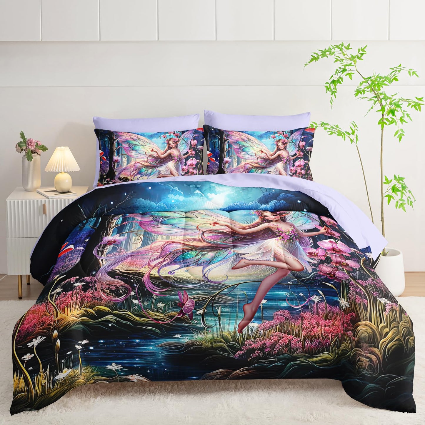 AILONEN Beautiful Butterfly Fairy Comforter Set, Twin Size 7-Piece,Magic Mushroom Bedding Set for Kids,Mysterious Fairy Forest Comforter & Fitted Sheet & Flat Sheet,2 Pillowcases,2 Pillow Shams