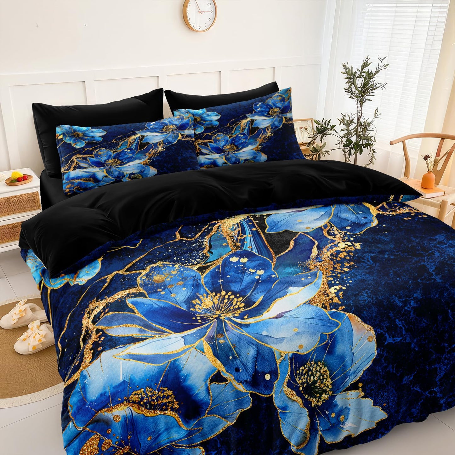 Bedorm Blue Marble Comforter Set Queen Floral Bedding Set Blue and Black Marble Stone Natural Texture Abstract Bedroom Comforter Set with Marble Pillowcases