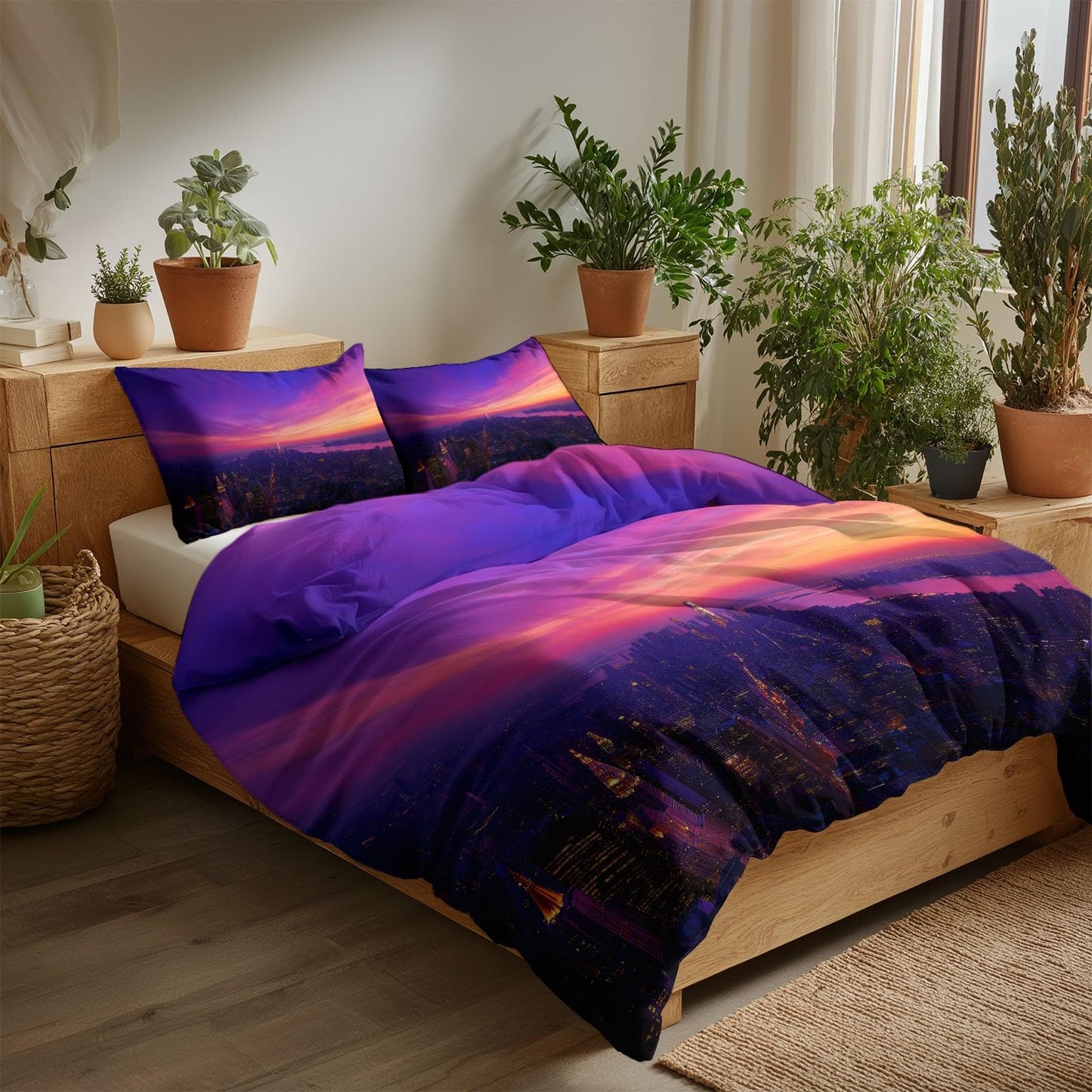 Super Soft Cityscape Duvet Cover Set Twin Size, Neon Art Skyscrapers Bedding for Kids Boys Girls Teens - Breathable and Anti-Allergic Soft Comforter Cover 2 Pillow Shams
