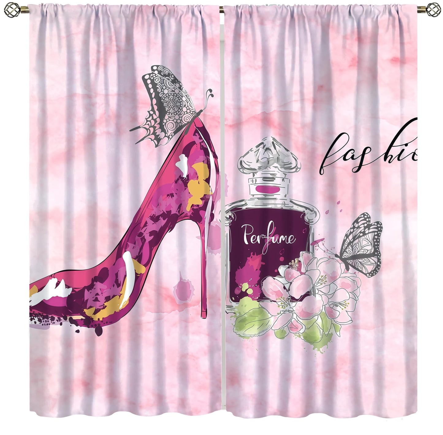 Pink Modern Fashion Curtains For Woman Gorgeous Red High Heel Shoes Perfume Flower Butterfly Rod Pocket Window Drapes For Teenage Girls Bedroom Living Room Bathroom 2 Panels 41x45 ln（No Blackout）