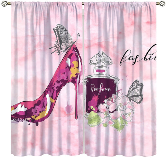 Pink Modern Fashion Curtains For Woman Gorgeous Red High Heel Shoes Perfume Flower Butterfly Rod Pocket Window Drapes For Teenage Girls Bedroom Living Room Bathroom 2 Panels 41x45 ln（No Blackout）