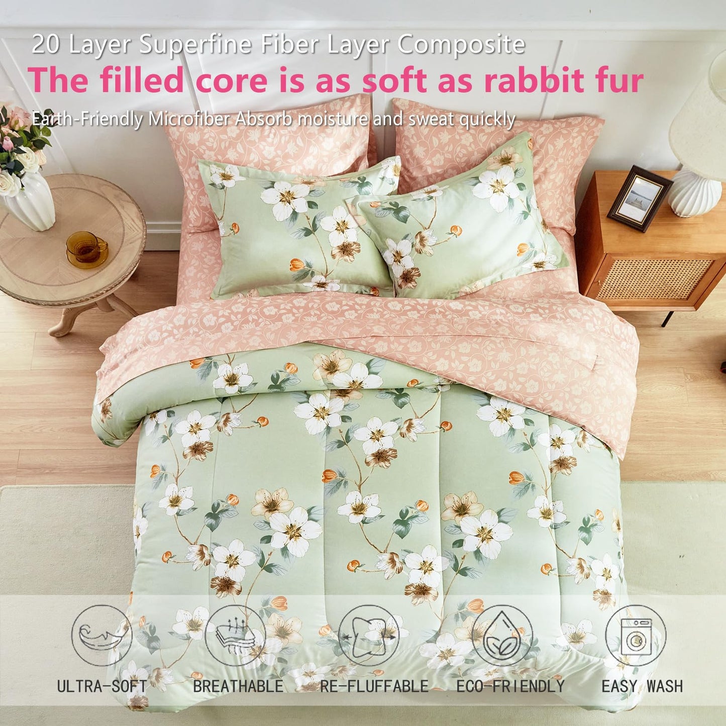 AIKASY 7 Piece Floral Comforter Set King Size - Soft Microfiber Bed in a Bag with Sheet Set for All Seasons - Green Flower Botanical Design - Reversible Bedding Set