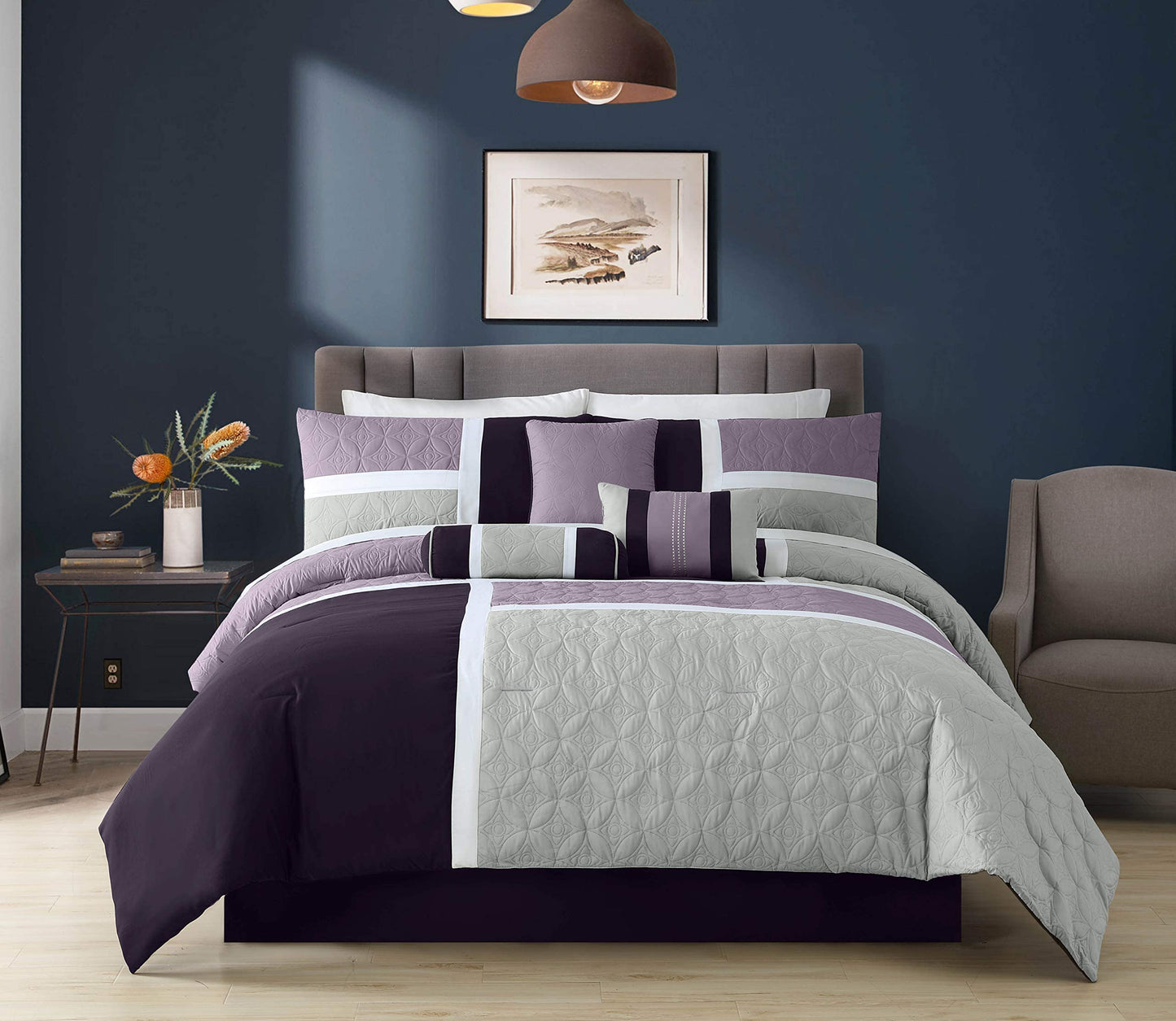 Chezmoi Collection Upland 7-Piece Quilted Patchwork Comforter Set, Lavender/Gray/Purple, King