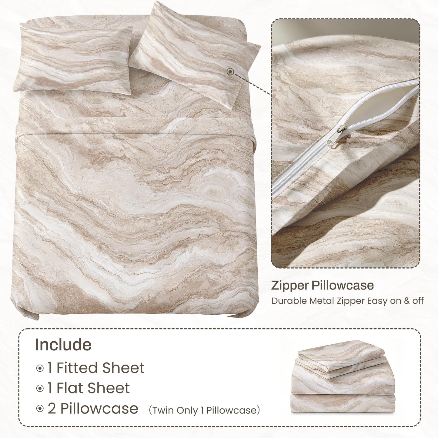 Marble Sheet Set, 4 Pcs Full Size Modern Bed Sheets, Beige