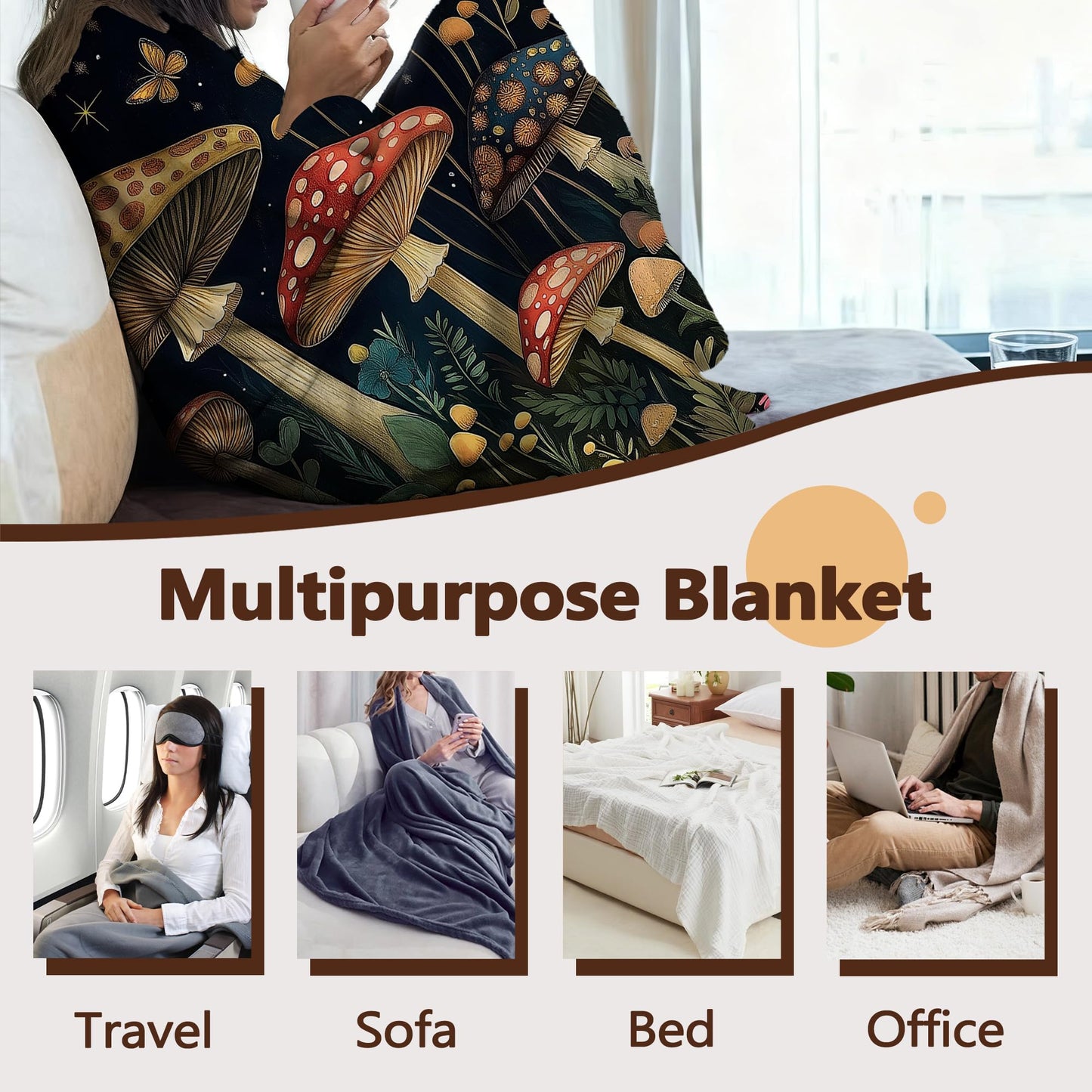 Forest Mushroom Sofa Throw Blankets,Wildflower Butterfly Soft Cozy Fuzzy Lightweight Travel Blanket,Flannel Fleece Fall Throw Blanket for Couch,Bed,Camping,Movie Nights,Watching TV 50 X 60 Inch