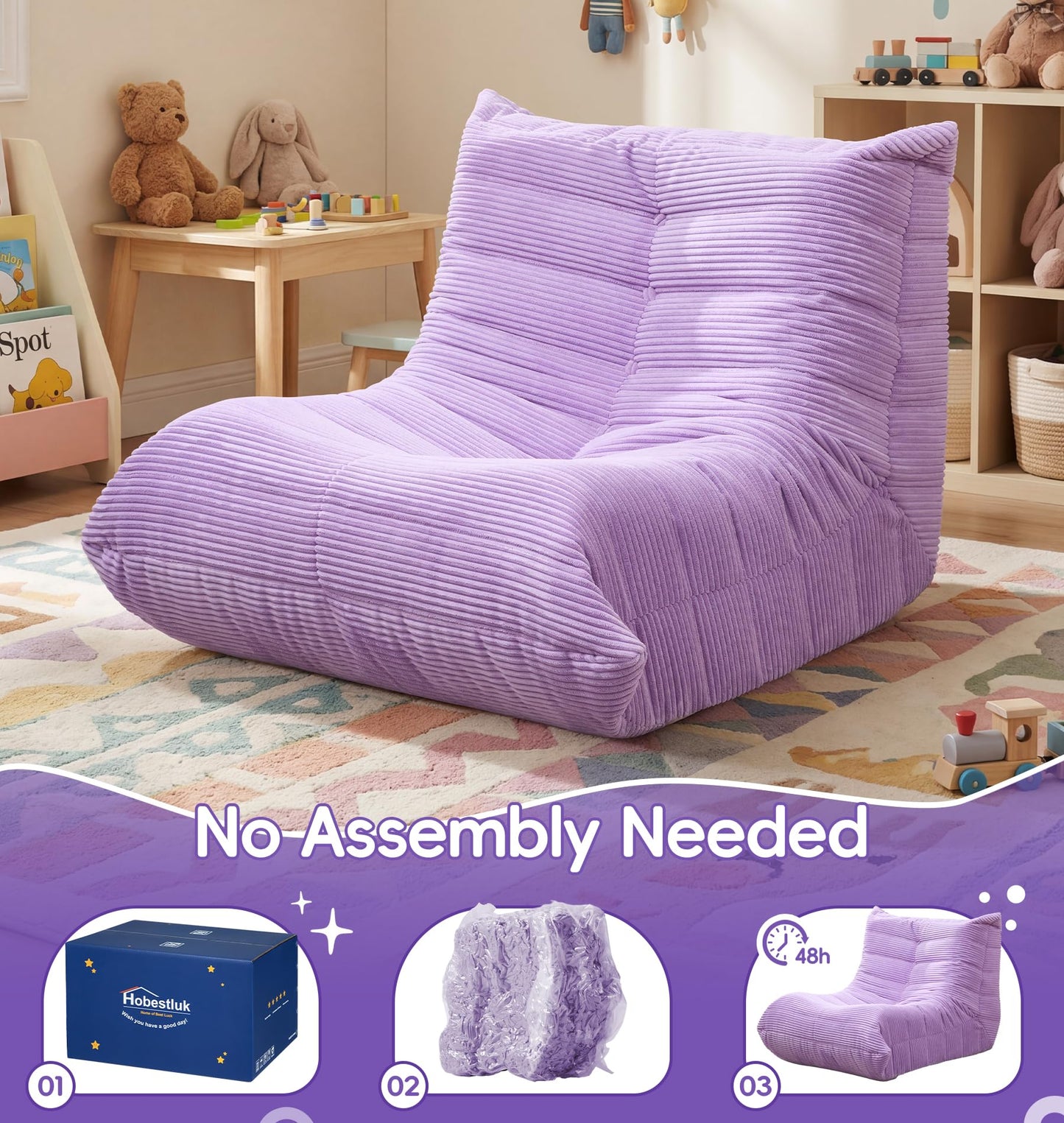 Hobestluk Bean Bag Chair for Kids Toddler Bean Bag Chair with Memory Foam Filler Beanbag with Spacious Design Bean Bag Couch for Reading Gaming Relaxing (Purple, Small)