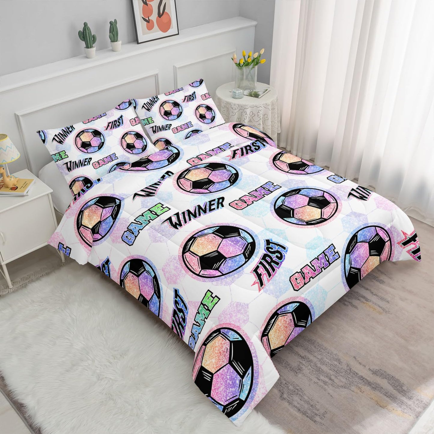 Smell Sunshine Soccer Comforter Set Sport Themed Printed Bedding Set with 1 Comforter and 2 Pillowcases for Boys and Girls Bedroom All Season(Soccer Twin)