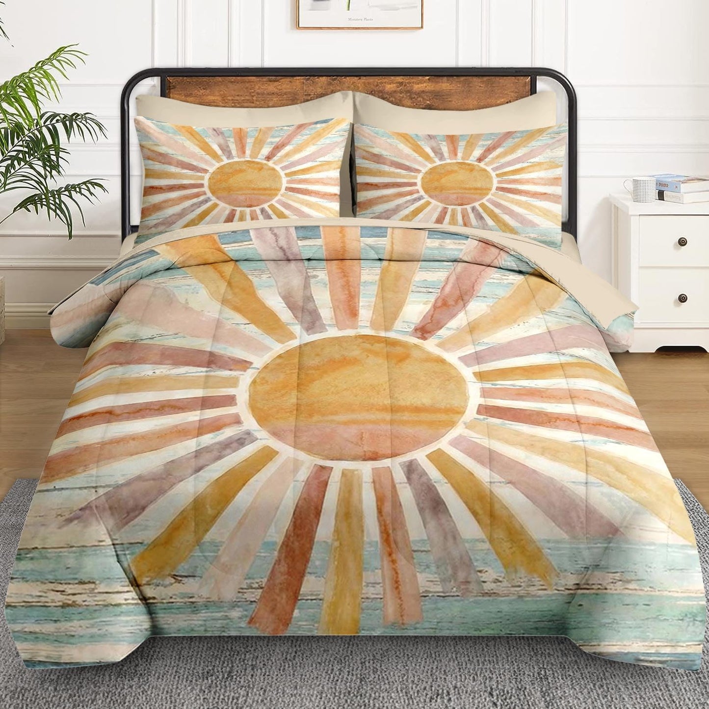 WeCozy 5 Pcs Twin Size Comforter Set with Pillowcase & Sham, Boho Sun Sunshine Bedding Set for Kids and Adults, Coastal Retro Bed in a Bag with Flat Sheet and Fitted Sheet