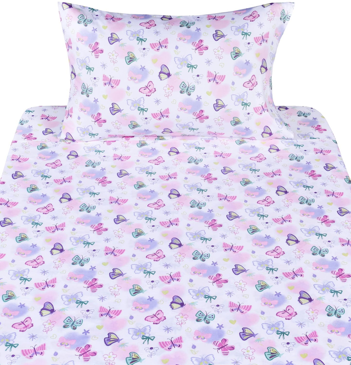 J-pinno Butterfly in Wonderland Purple Pink Cute Twin 100% Cotton 3 Pieces Sheet Set for Kids Girls Children, Flat Sheet + Fitted Sheet + Pillowcase Bedding Decoration Gift Set