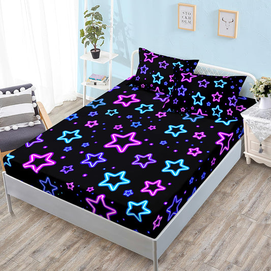 HOSIMA Star Fitted Sheet Twin for Kids,Different Colorful Stars Print Galaxy Bedding Set for Teenage Girl Room Decor,Lightweight Black Aesthetic Bedding,1 Fitted Sheet+2 Pillowcases.