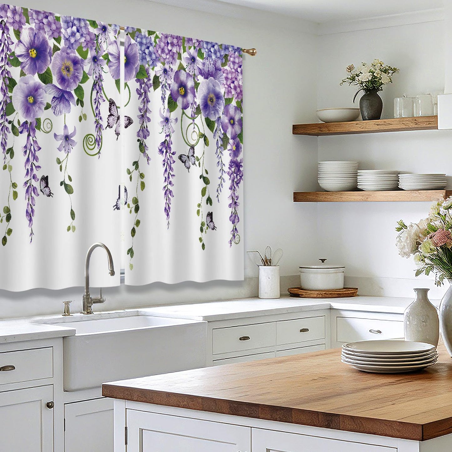 Cizuug Purple Floral Butterfly Lavender Kitchen Curtains Purple Floral Farmhouse Country Drapes Rod Pocket Spring Lilac Flower Summer Small Short Cafe Tier Curtain for Bathroom 2 Panels (27.5x39Inch)