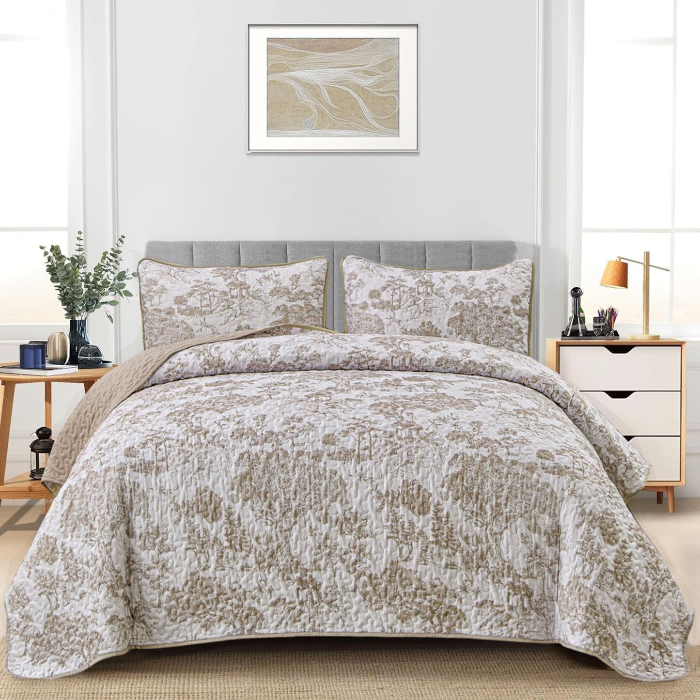 WONGS BEDDING Botanical Quilt Set Queen Size, Khaki 3 Pieces Floral Plants Printed Bedspread Bedding Set Soft Lightweight Microfiber Coverlet Set for All Season (96''x90'')