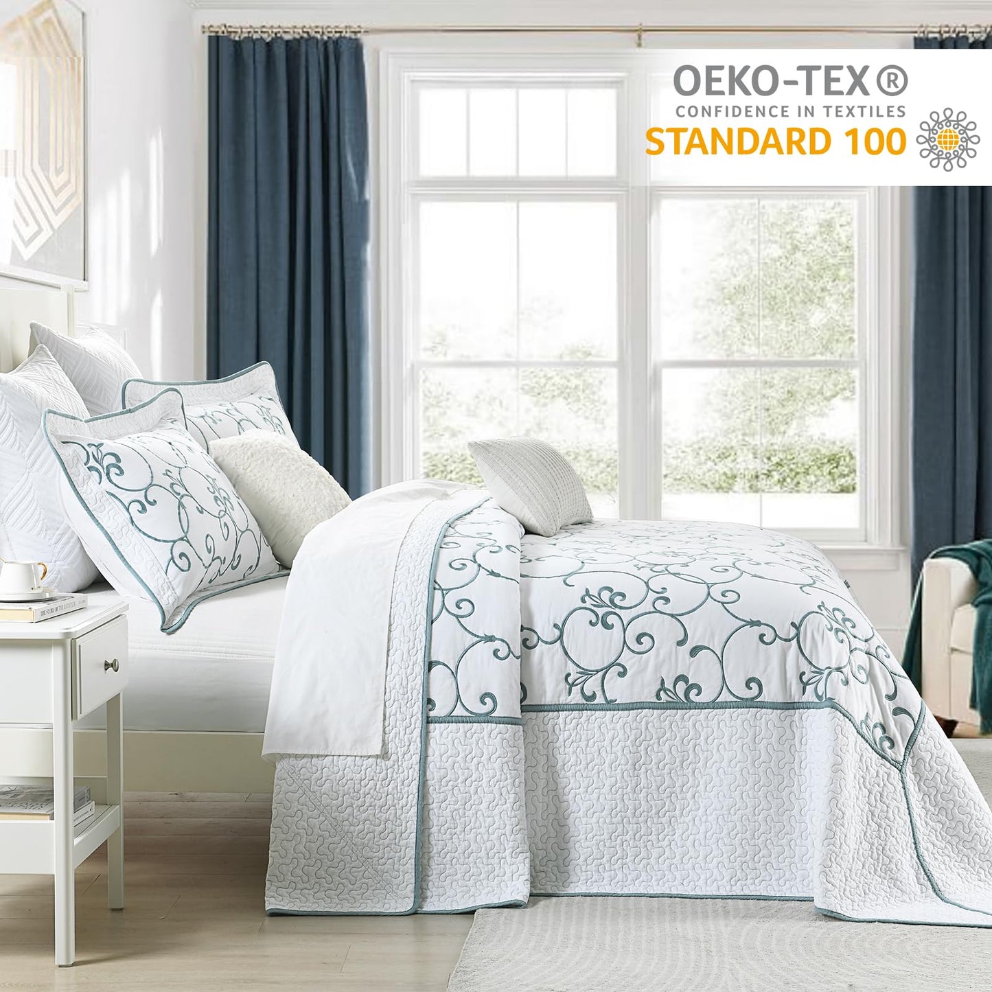 Finlonte Oversized King Bedspread 120"x120" - 100% Cotton Vine Embroidery King/Cal King Quilted Bedspread, White Bedspread Coverlet Blue Vine, Lightweight Extra Large Quilt Set with 2 Pillowshams