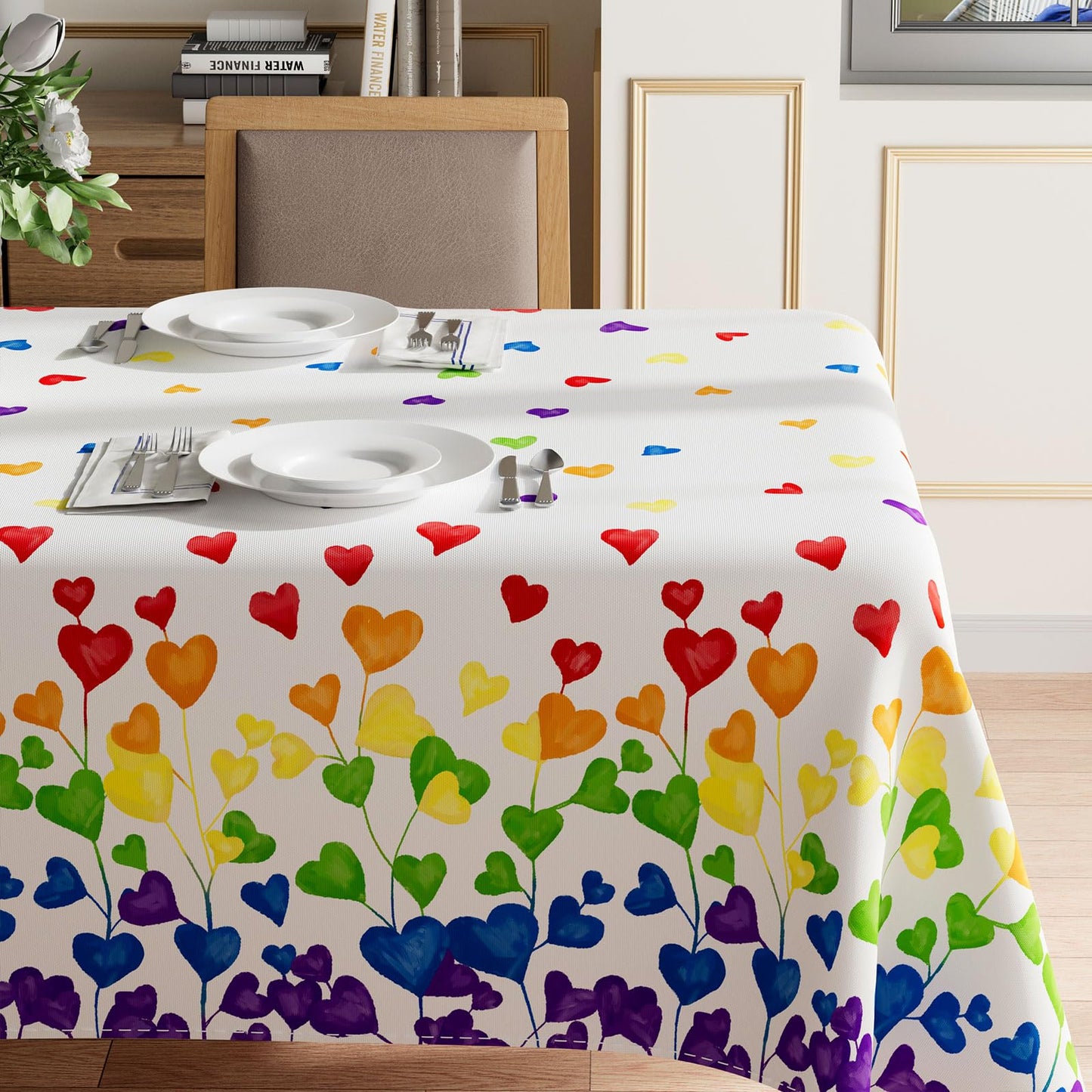 XCHI Rainbow Love Heart LGBTQ Tablecloth Rectangle Pride Day Inclusion Gay Transgender Queer Equality for Indoor Outdoor Dining Home Party Decorations 60x84 Inch