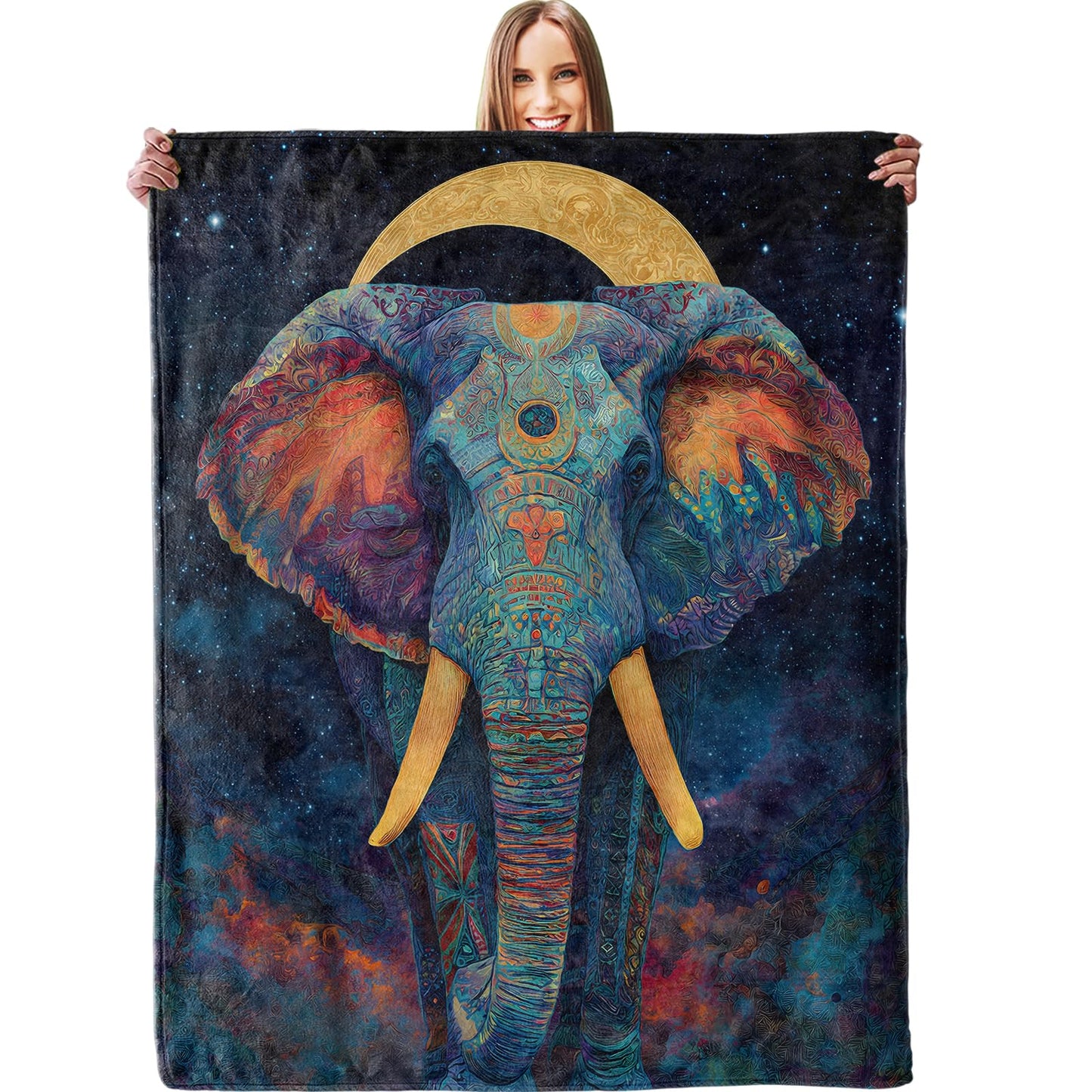 Mystical Cosmic Elephant Blanket, Plush Soft Lightweight Warm Cozy Flannel 60×50 inch Throw Blanket with Galaxy Starry Animal Print for Couch, Travel, Bed, Outdoor, Gifts for Teens Adults Women Men
