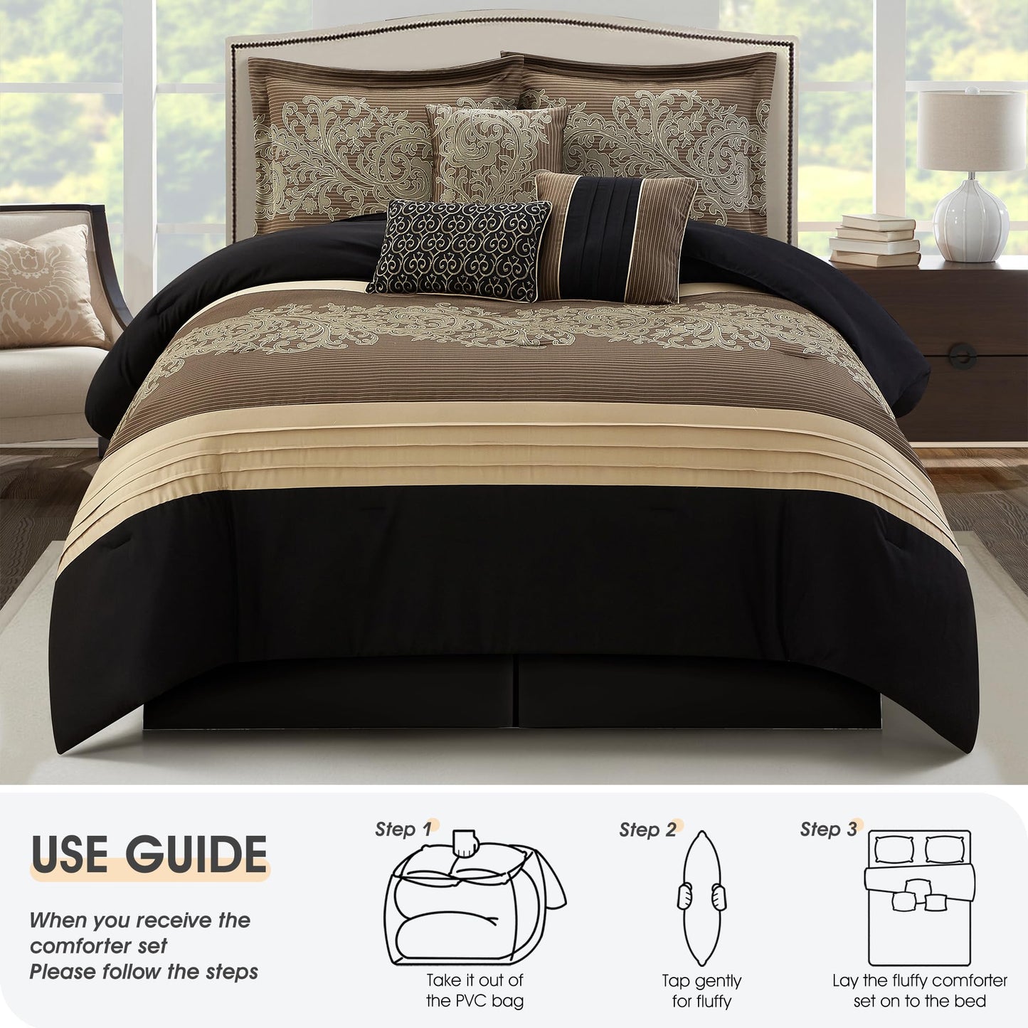 LANCO MODERN LIFESTYLE Black Gold Comforter Set, Queen, Damask Jacquard with Matching Solid Piece Work, 7 Piece Soft Bedding Set for All Season, Bed Skirt, Pillow Shams and Decorative Pillows
