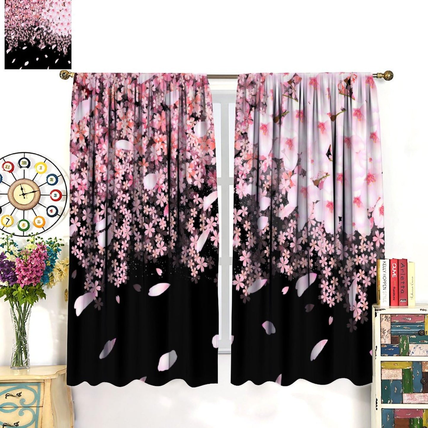 Focusbrite Floral Window Curtain，Cherry Blossoms Curtain for Bedroom for Kids Girls Women Pink Flowers Galaxy Curtain Starry Sky Drapes Set 2 Panels,42x45 Inches